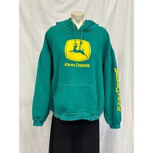 John Deere Mens XL Green Spell Out Logo Long‎ Sleeve Pullover Hoodie Sweatshirt